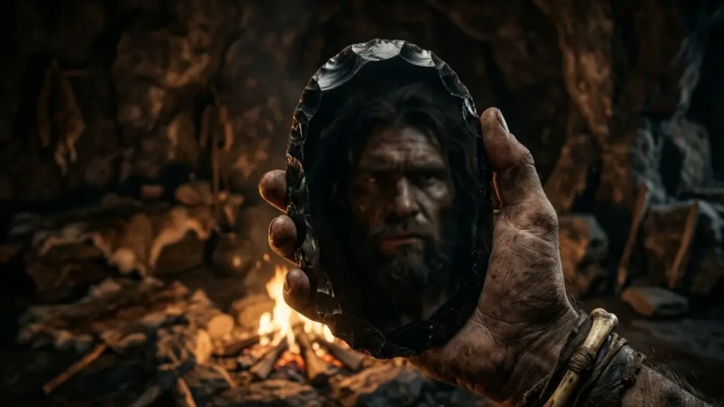 A prehistoric hand holding a polished black volcanic obsidian stone mirror inside a cave with firelight reflection.