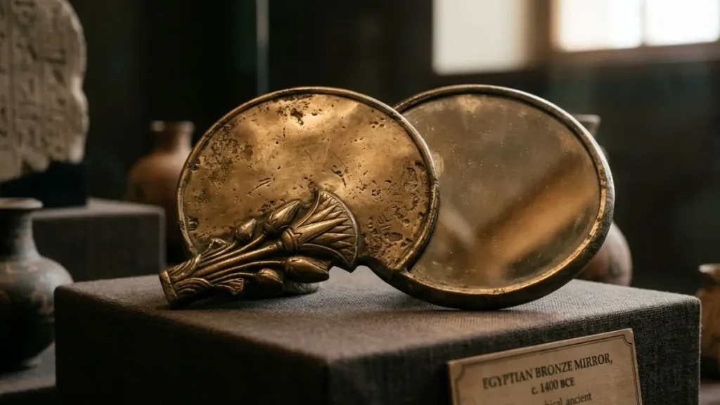 Ancient Egyptian bronze hand mirror with a lotus flower handle displayed in a museum with desert sunlight.