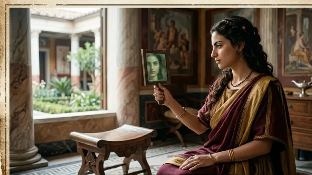 A wealthy Roman woman looking into an early square glass mirror with a lead backing inside a Roman villa.