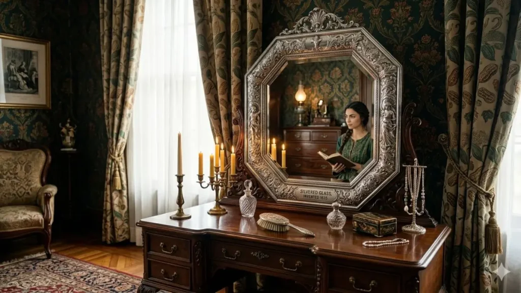 An ornate 19th-century luxury vanity table with a crystal-clear silver-backed glass mirror invented by Justus von Liebig.